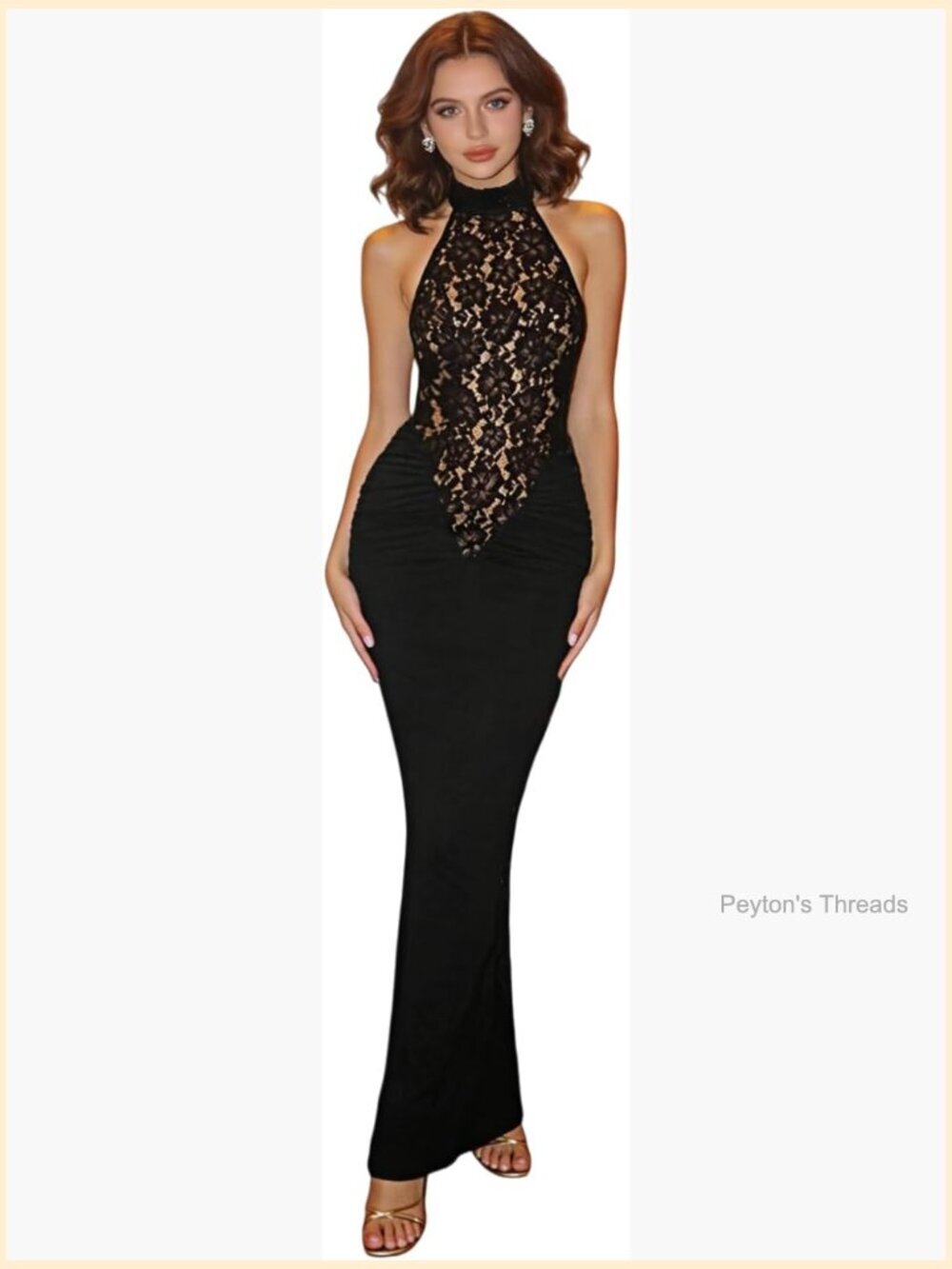 Sexy Open Back Floral Lace Maxi Dress Halter Ruched Bodycon Sleeveless